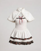 Women's white corset-style Halloween costume dress with plaid ruffle tiers, faux fur trim and hooded capelet - view 4