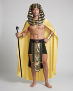 Men's pharaoh Halloween costume with black and gold striped headdress, satin cape and black kilt