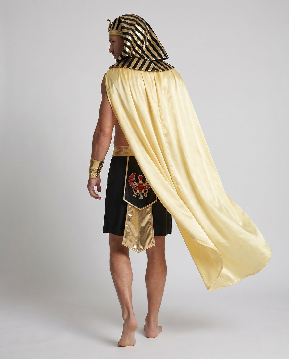 Men's pharaoh Halloween costume with black and gold striped headdress, satin cape and black kilt - view 3