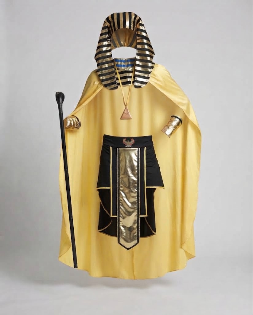 Men's pharaoh Halloween costume with black and gold striped headdress, satin cape and black kilt - view 4