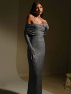Off-shoulder long sleeve maxi dress in sparkling rhinestone mesh