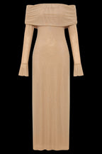 Off-shoulder long sleeve maxi dress in sparkling rhinestone mesh - view 12