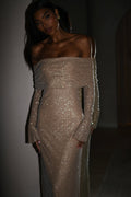 Off-shoulder long sleeve maxi dress in sparkling rhinestone mesh - view 14