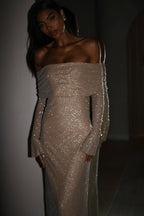 Off-shoulder long sleeve maxi dress in sparkling rhinestone mesh - view 14