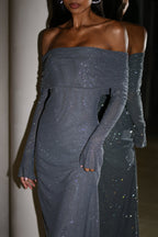 Off-shoulder long sleeve maxi dress in sparkling rhinestone mesh - view 2