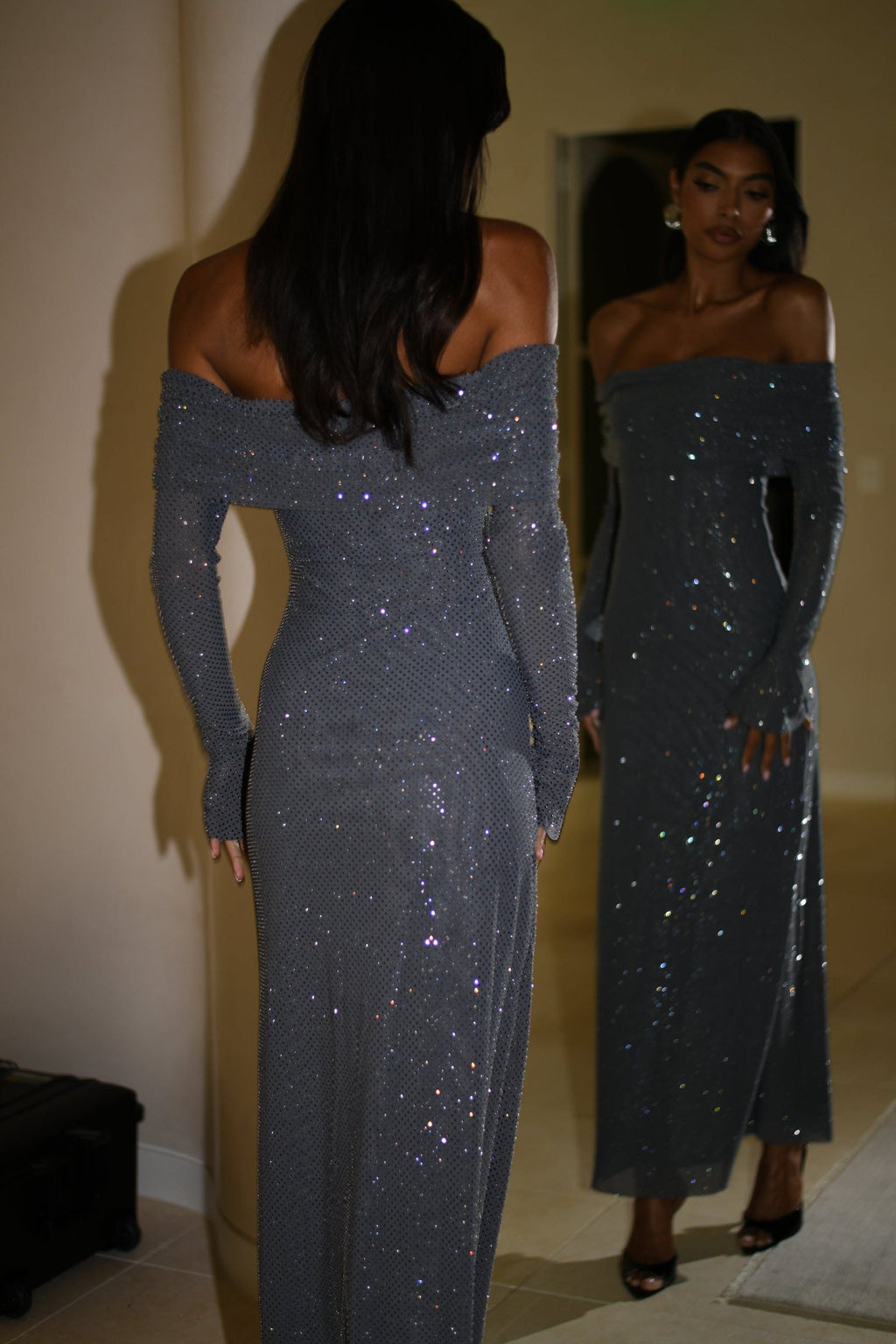 Off-shoulder long sleeve maxi dress in sparkling rhinestone mesh - view 3