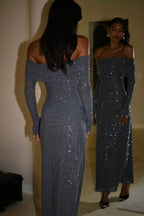 Off-shoulder long sleeve maxi dress in sparkling rhinestone mesh - view 3