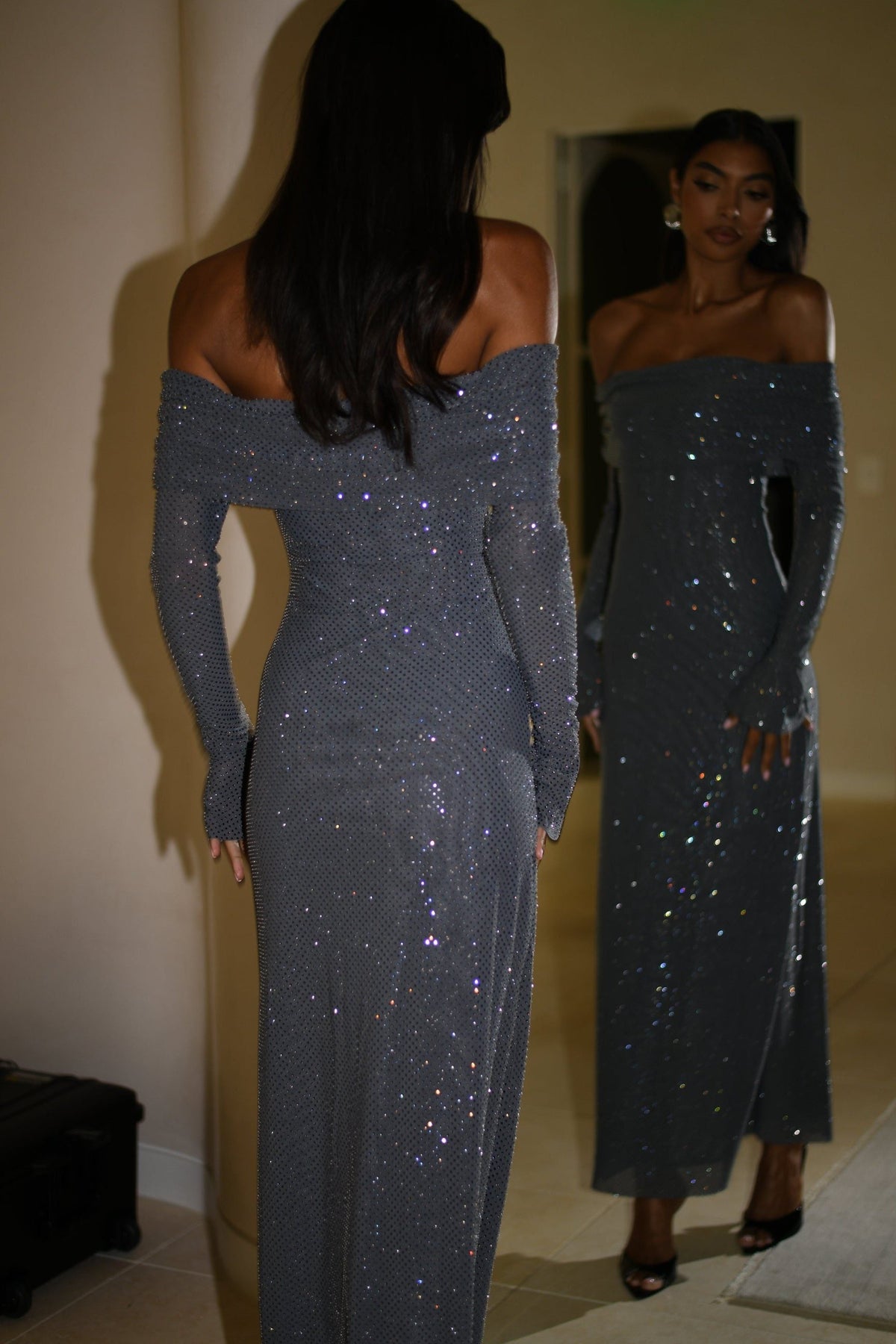 Off-shoulder long sleeve maxi dress in sparkling rhinestone mesh - view 3