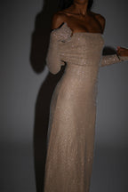 Off-shoulder long sleeve maxi dress in sparkling rhinestone mesh - view 5