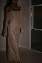 Off-shoulder long sleeve maxi dress in sparkling rhinestone mesh - view 7