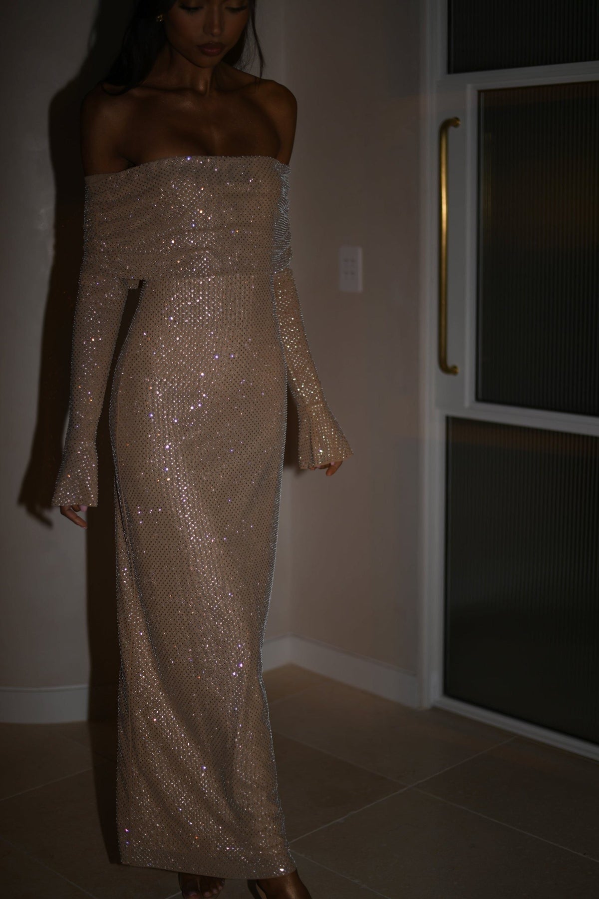 Off-shoulder long sleeve maxi dress in sparkling rhinestone mesh - view 7
