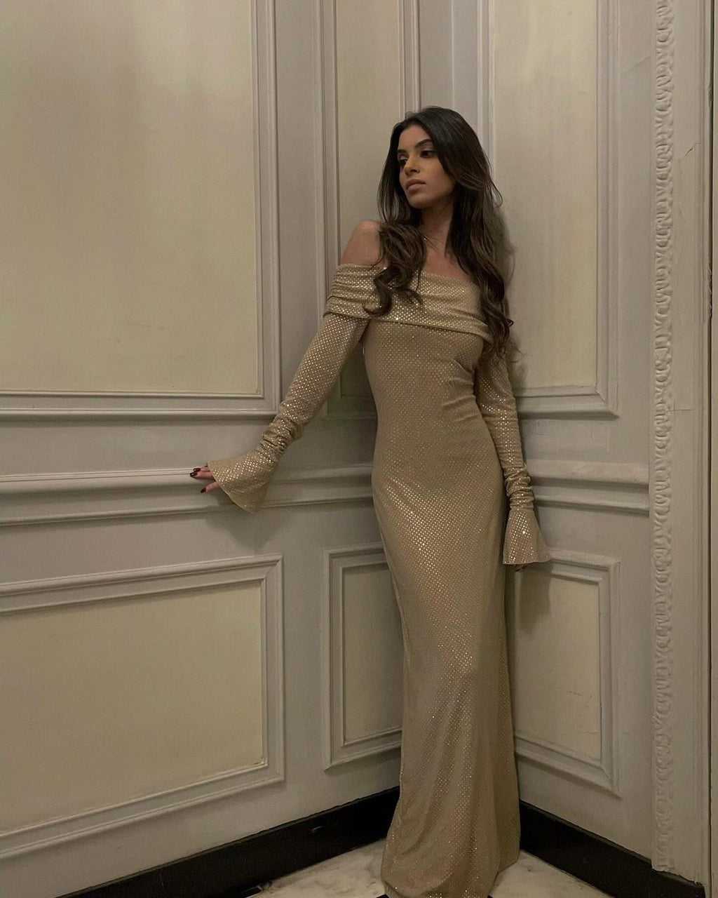 Off-shoulder long sleeve maxi dress in sparkling rhinestone mesh - view 8