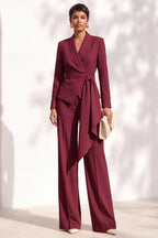 Wrap front blazer with shawl collar and wide leg pants on model