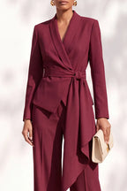 Wrap front blazer with shawl collar and wide leg pants on model - view 3
