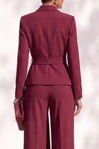 Wrap front blazer with shawl collar and wide leg pants on model - view 4