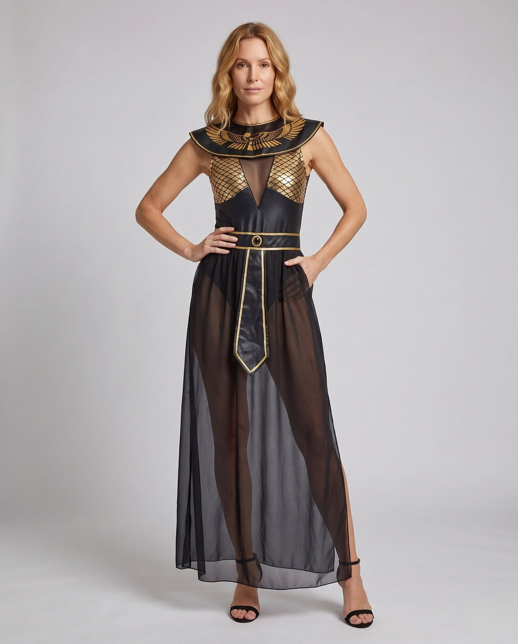 Women's black and gold Egyptian queen Halloween costume with embroidered collar and sheer maxi skirt