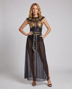 Women's black and gold Egyptian queen Halloween costume with embroidered collar and sheer maxi skirt
