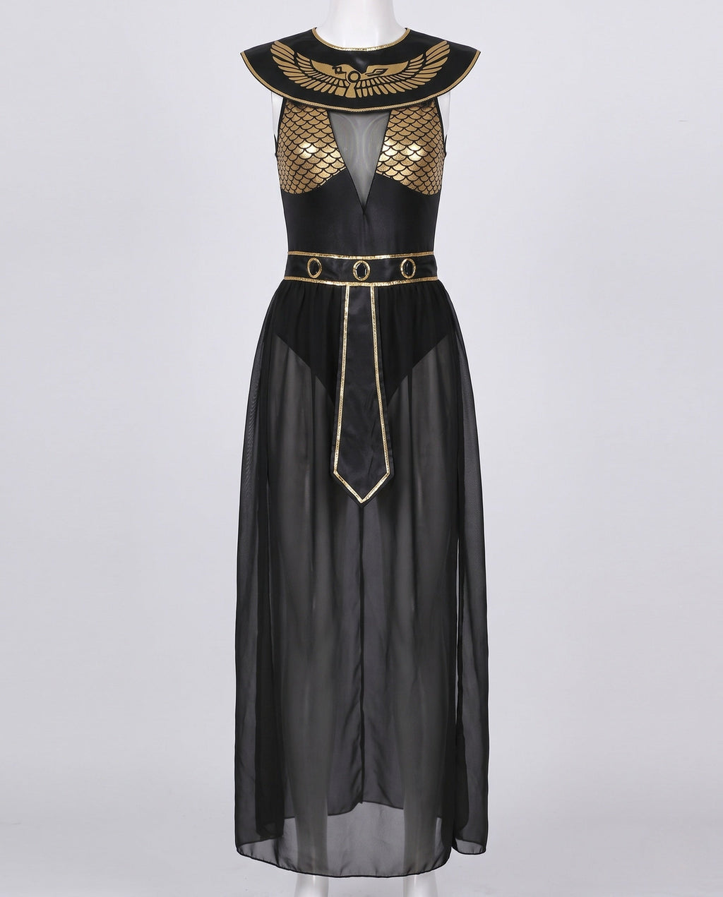 Women's black and gold Egyptian queen Halloween costume with embroidered collar and sheer maxi skirt - view 4