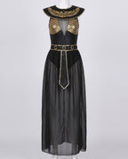 Women's black and gold Egyptian queen Halloween costume with embroidered collar and sheer maxi skirt - view 4