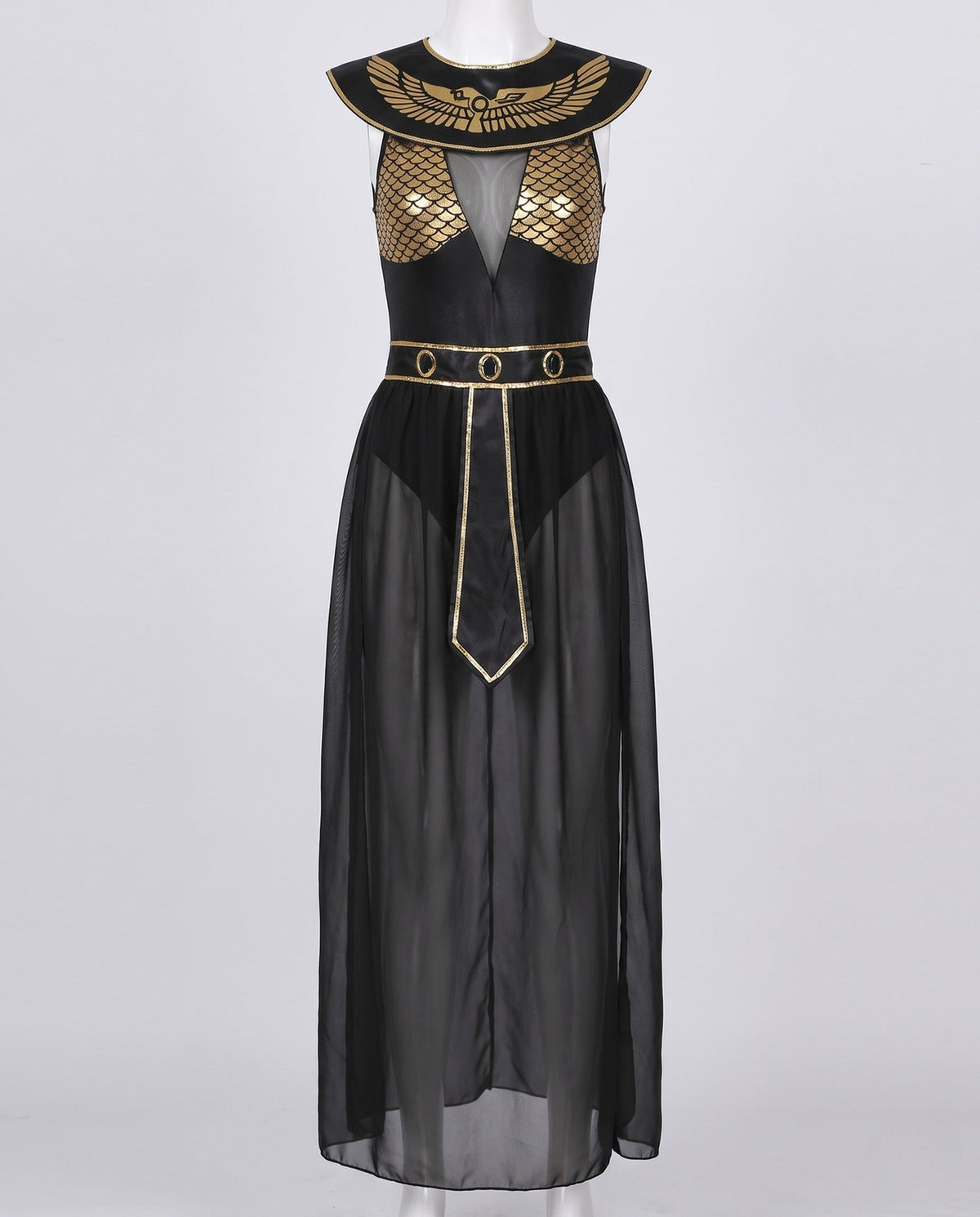 Women's black and gold Egyptian queen Halloween costume with embroidered collar and sheer maxi skirt - view 4