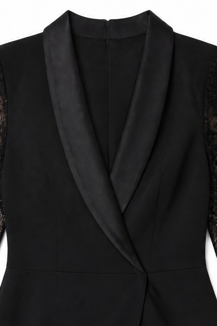 Woman wearing a fitted tuxedo-collar cocktail dress with sheer lace sleeves and lace skirt panel - view 7
