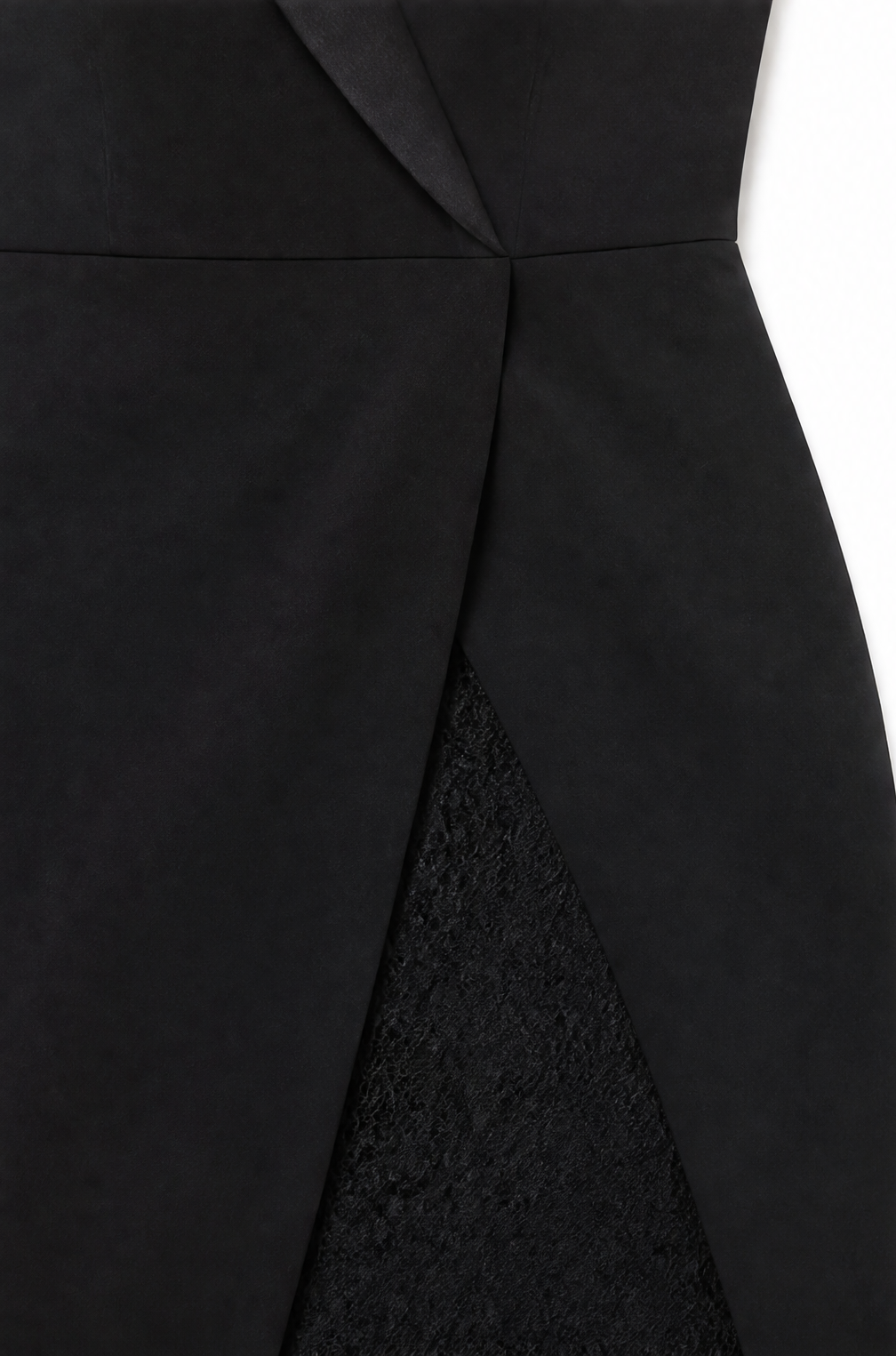 Woman wearing a fitted tuxedo-collar cocktail dress with sheer lace sleeves and lace skirt panel - view 9
