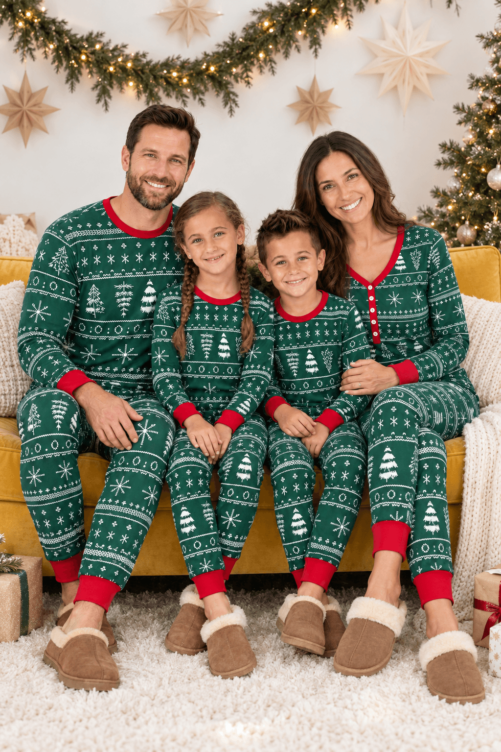 Matching family Christmas pajamas in green tree and snowflake print with red cuffs
