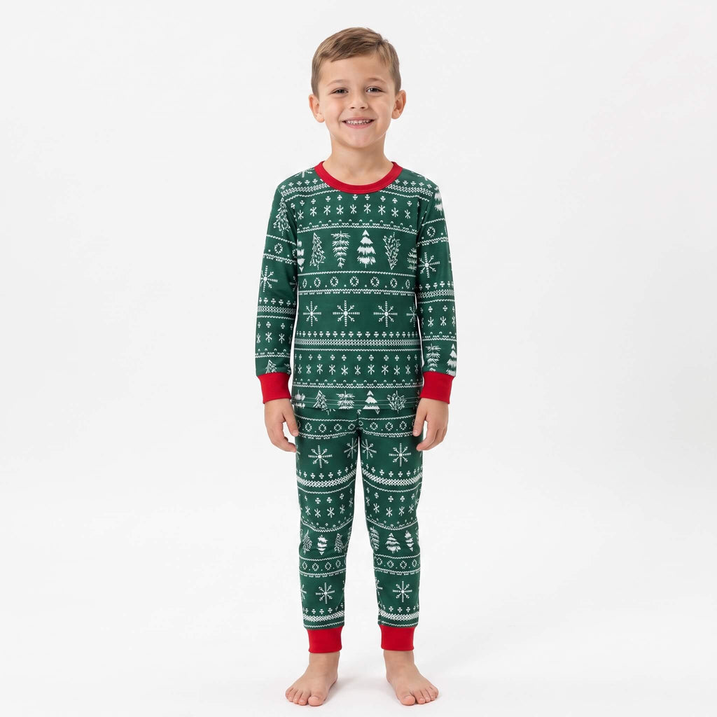 Matching family Christmas pajamas in green tree and snowflake print with red cuffs - view 10