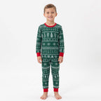 Matching family Christmas pajamas in green tree and snowflake print with red cuffs - view 10