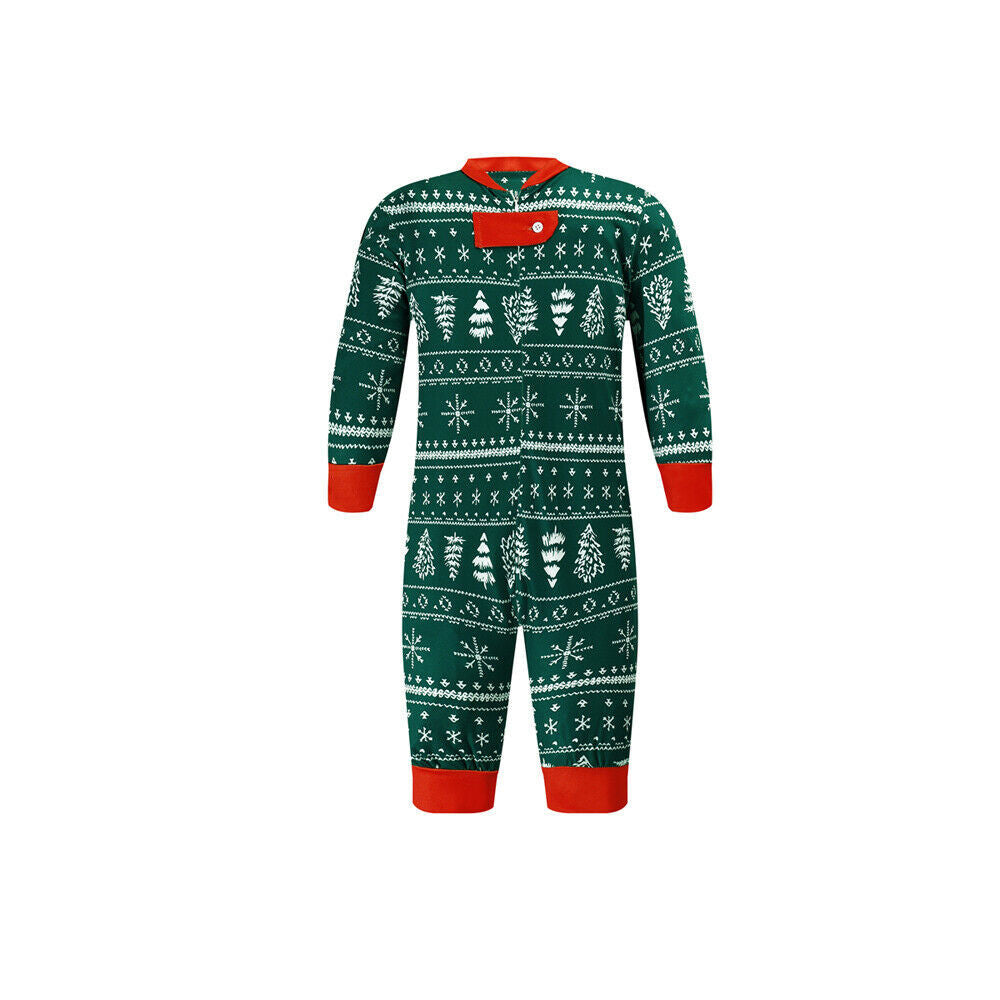 Matching family Christmas pajamas in green tree and snowflake print with red cuffs - view 11