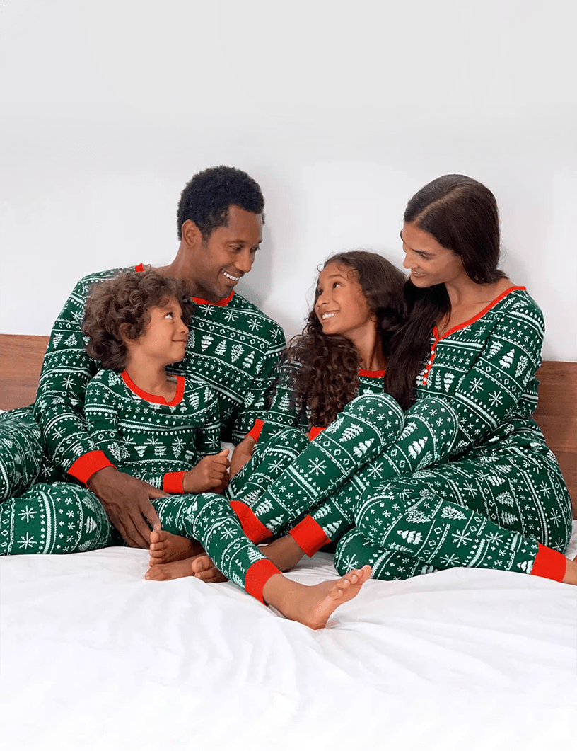 Matching family Christmas pajamas in green tree and snowflake print with red cuffs - view 12