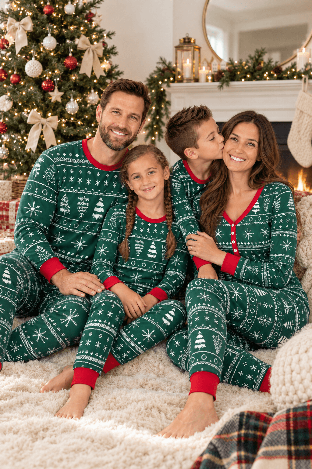 Matching family Christmas pajamas in green tree and snowflake print with red cuffs - view 2