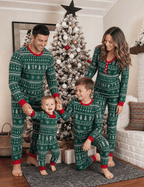 Matching family Christmas pajamas in green tree and snowflake print with red cuffs - view 3