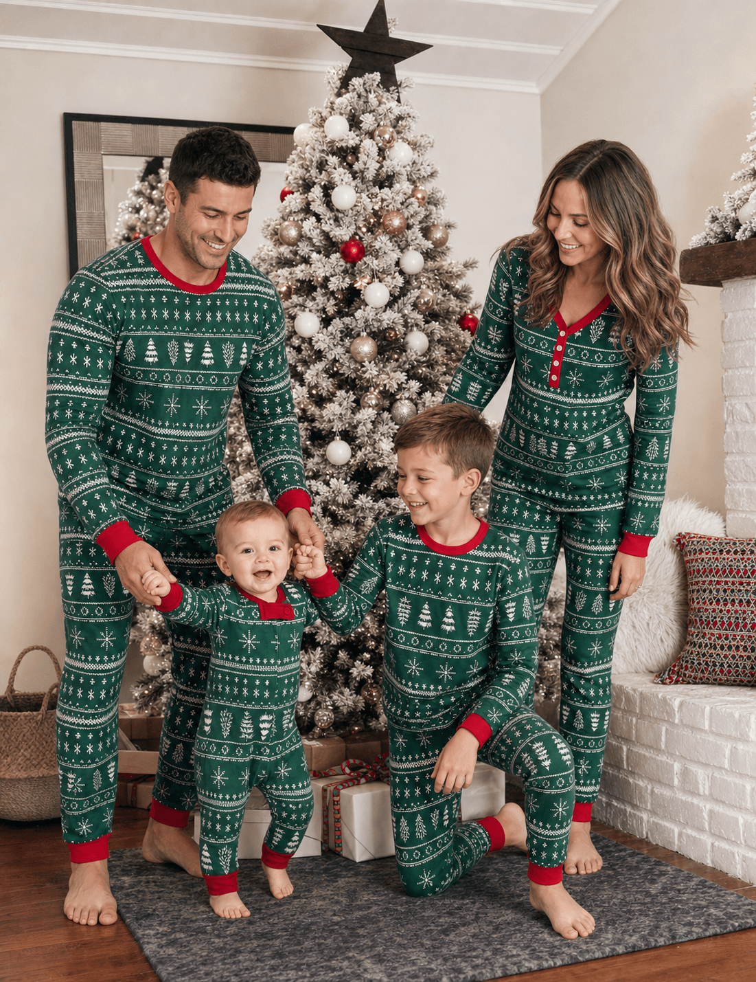 Matching family Christmas pajamas in green tree and snowflake print with red cuffs - view 3