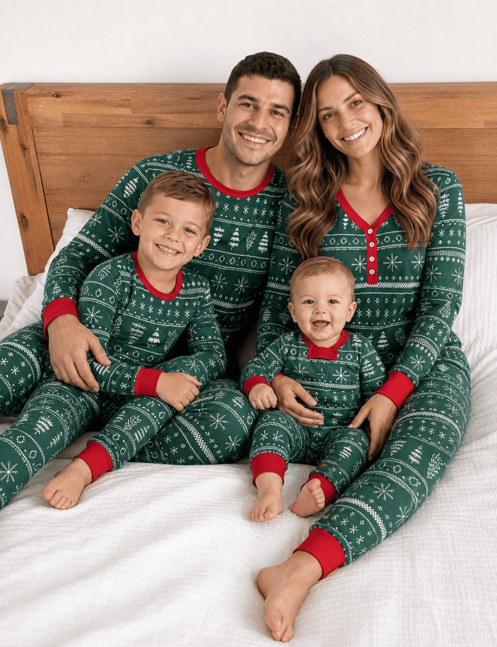 Matching family Christmas pajamas in green tree and snowflake print with red cuffs - view 4