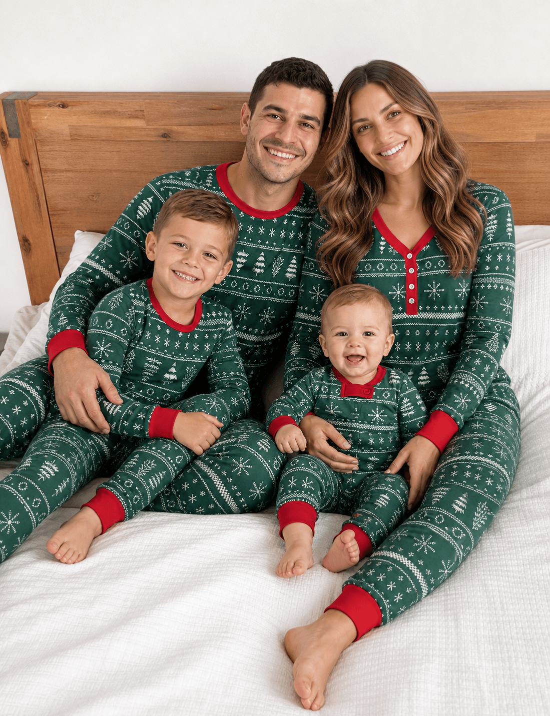 Matching family Christmas pajamas in green tree and snowflake print with red cuffs - view 4