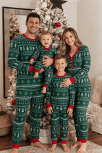 Matching family Christmas pajamas in green tree and snowflake print with red cuffs - view 5