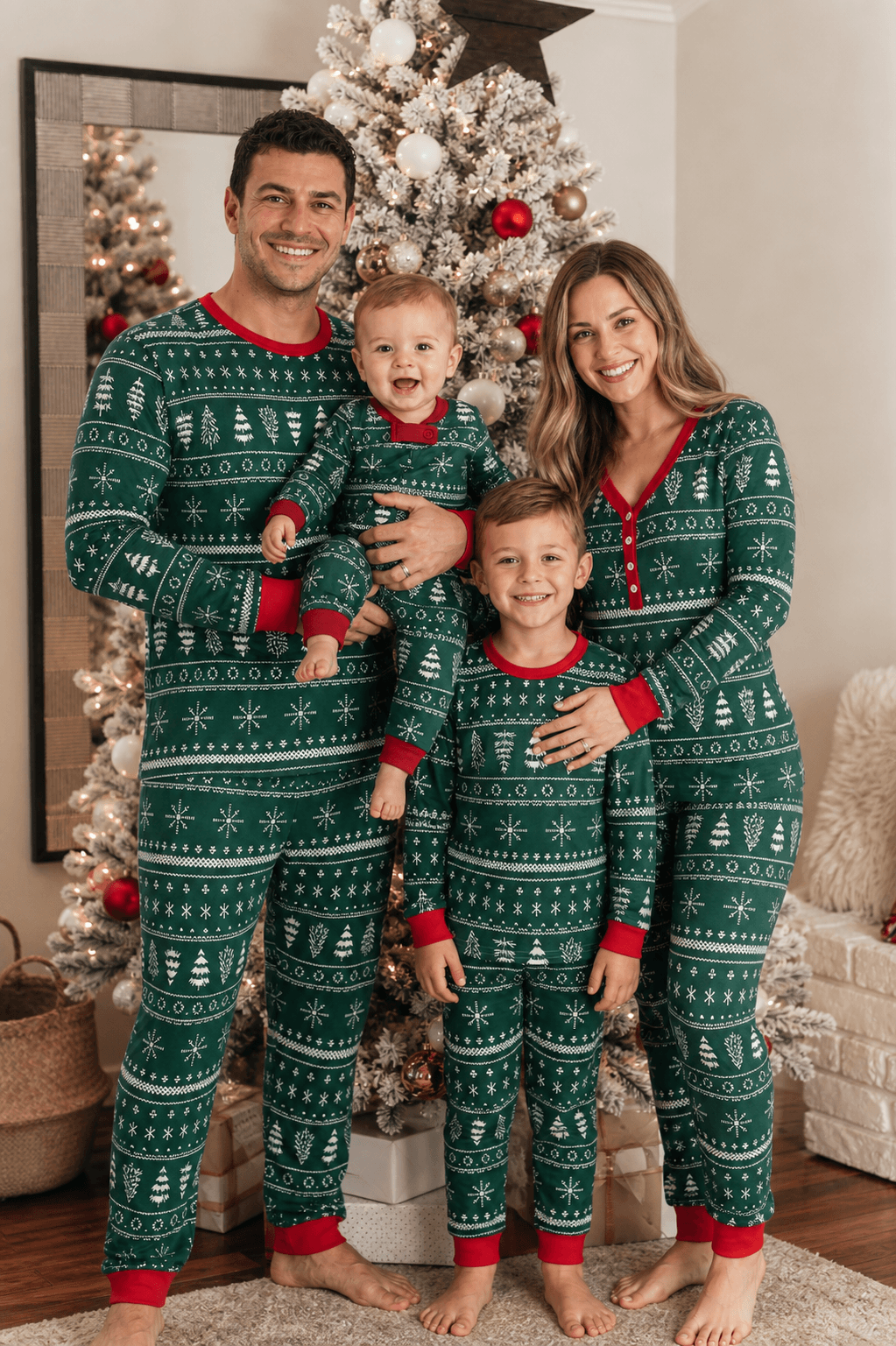 Matching family Christmas pajamas in green tree and snowflake print with red cuffs - view 5