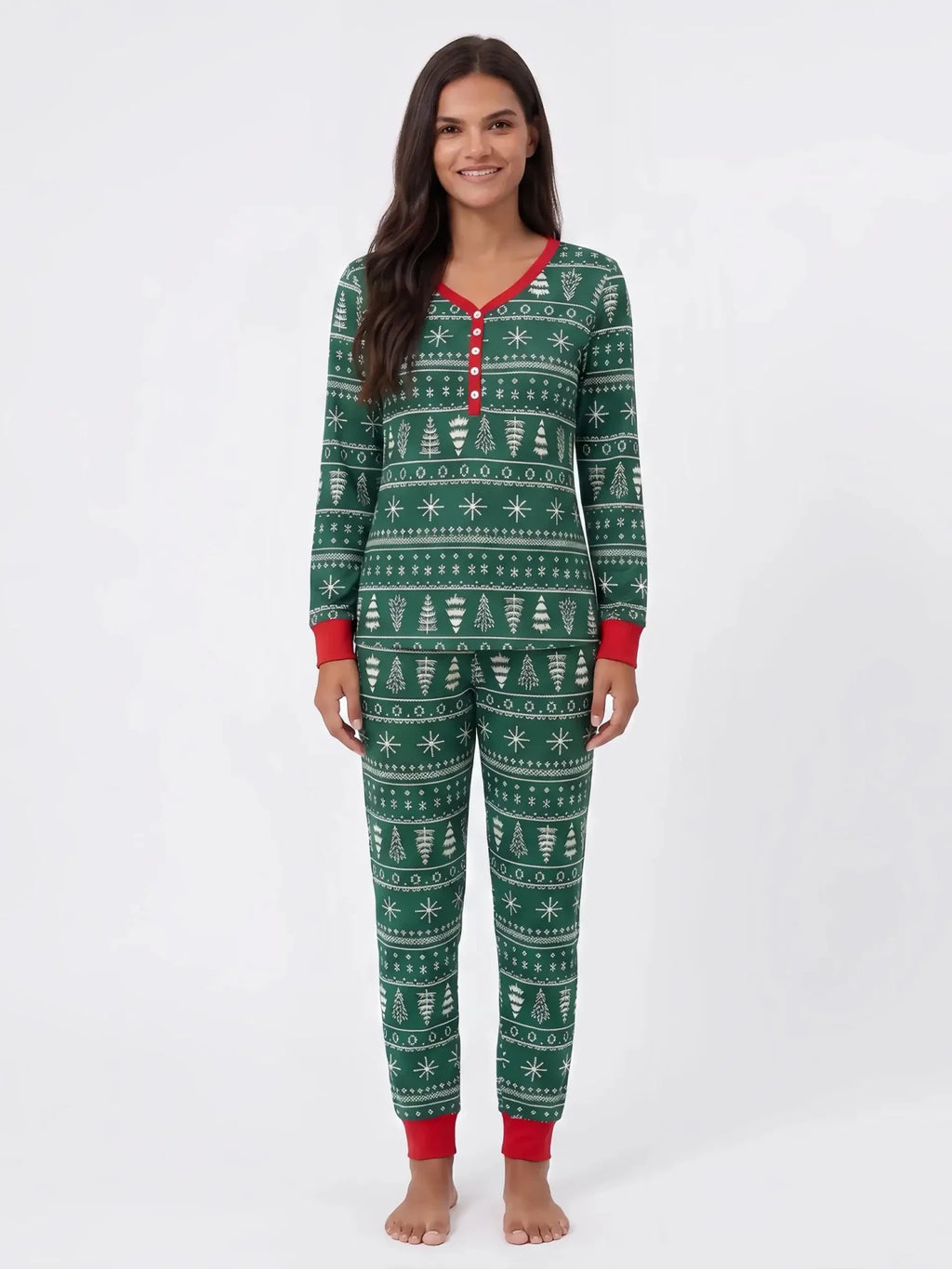 Matching family Christmas pajamas in green tree and snowflake print with red cuffs - view 8