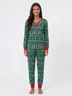 Matching family Christmas pajamas in green tree and snowflake print with red cuffs - view 8