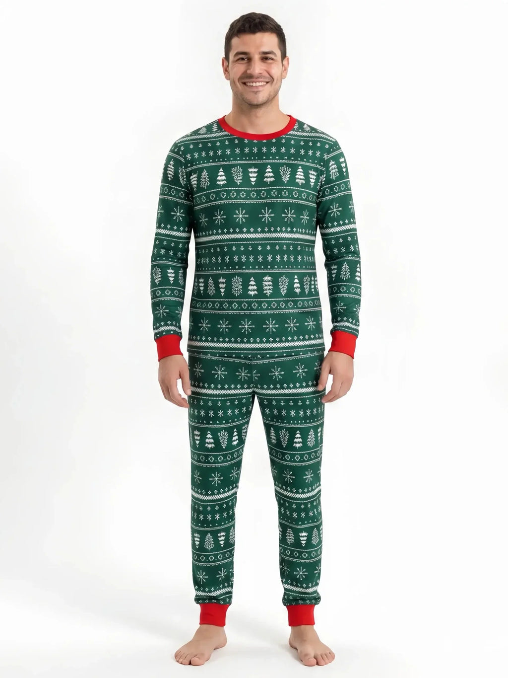 Matching family Christmas pajamas in green tree and snowflake print with red cuffs - view 9