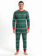 Matching family Christmas pajamas in green tree and snowflake print with red cuffs - view 9