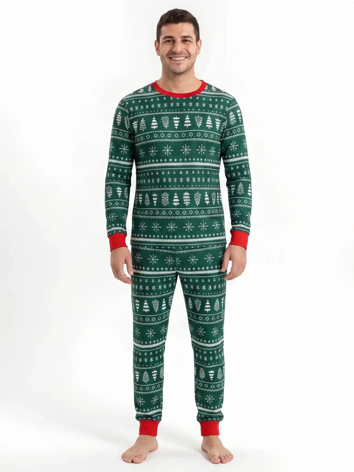Matching family Christmas pajamas in green tree and snowflake print with red cuffs - view 9