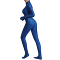 Adult woman in a blue printed bodysuit Halloween costume with scale motif, gloved sleeves and footed legs