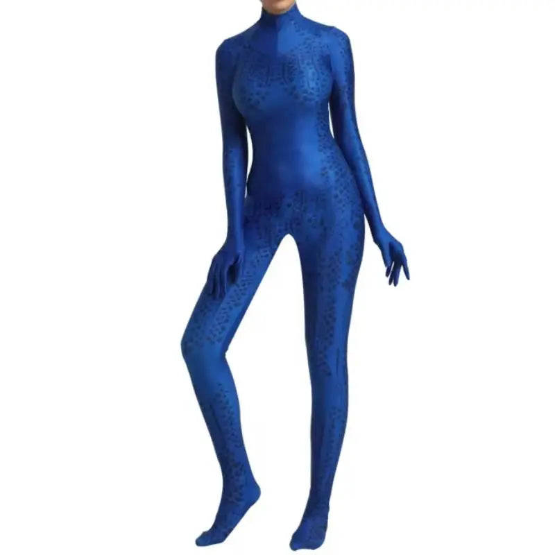 Adult woman in a blue printed bodysuit Halloween costume with scale motif, gloved sleeves and footed legs - view 2