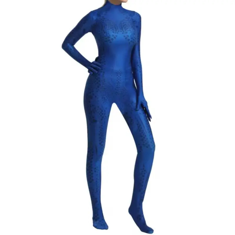 Adult woman in a blue printed bodysuit Halloween costume with scale motif, gloved sleeves and footed legs - view 3