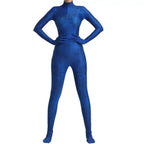 Adult woman in a blue printed bodysuit Halloween costume with scale motif, gloved sleeves and footed legs - view 4