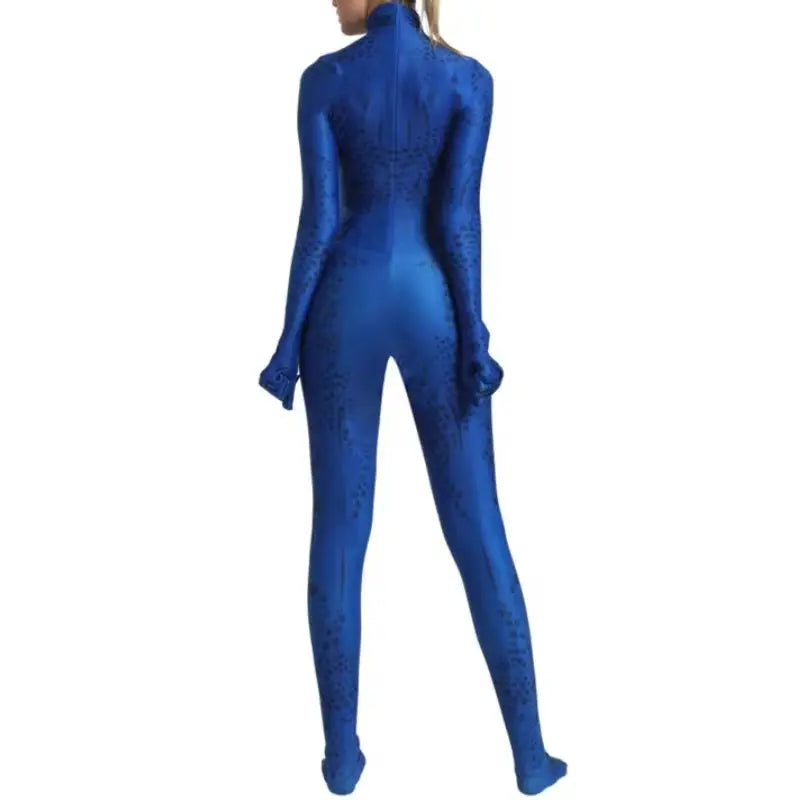 Adult woman in a blue printed bodysuit Halloween costume with scale motif, gloved sleeves and footed legs - view 5