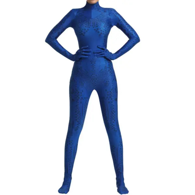 Adult woman in a blue printed bodysuit Halloween costume with scale motif, gloved sleeves and footed legs - view 7
