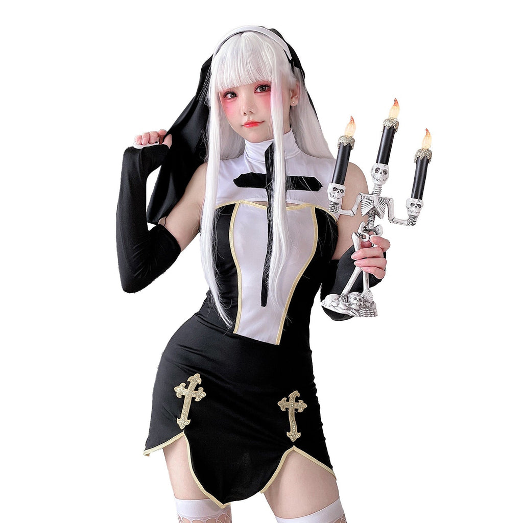 Women's gothic nun Halloween costume black mini dress with white cross bib and gold trim